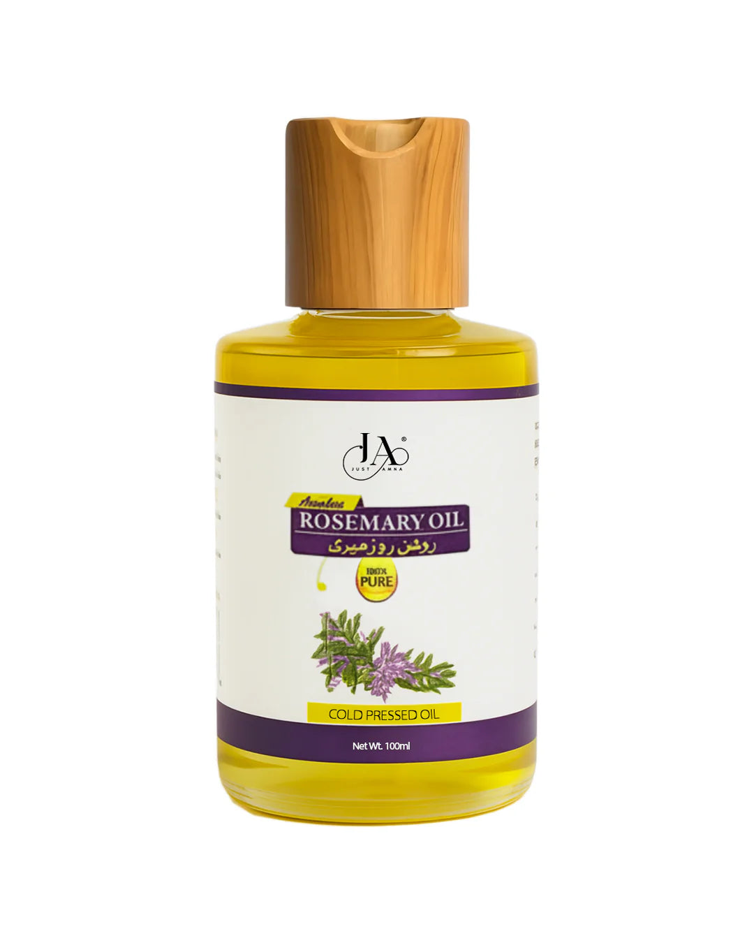 Just Amna rosemary oil bottle with wooden cap and rosemary illustration