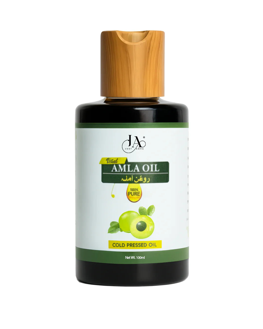 Just Amna vital amla oil bottle with amla fruit illustration and green splash