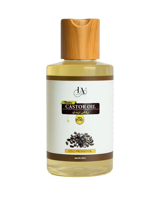 Just Amna castor oil bottle with wooden cap, 100ml cold-pressed label