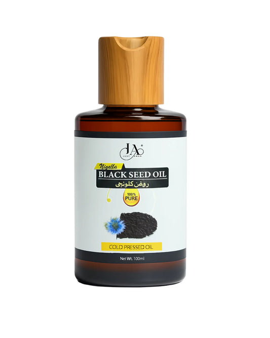 Just Amna 100% pure cold pressed black seed oil bottle for skin and hair health.