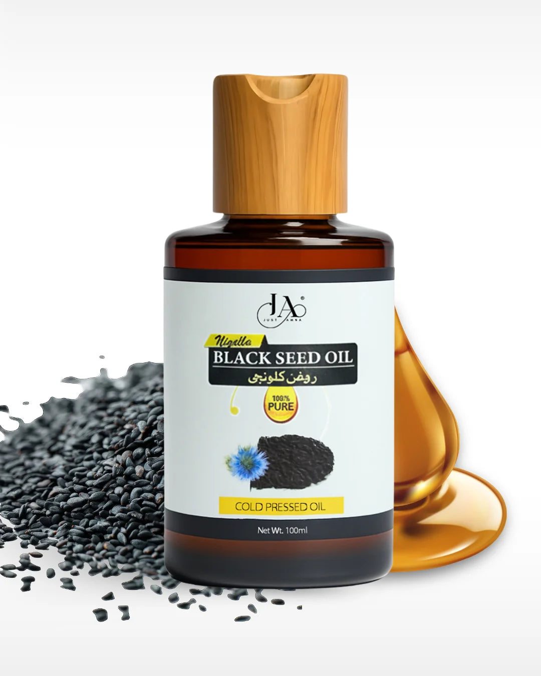 Just Amna black seed oil (Kalonji oil) with raw black seeds and a golden oil drop.