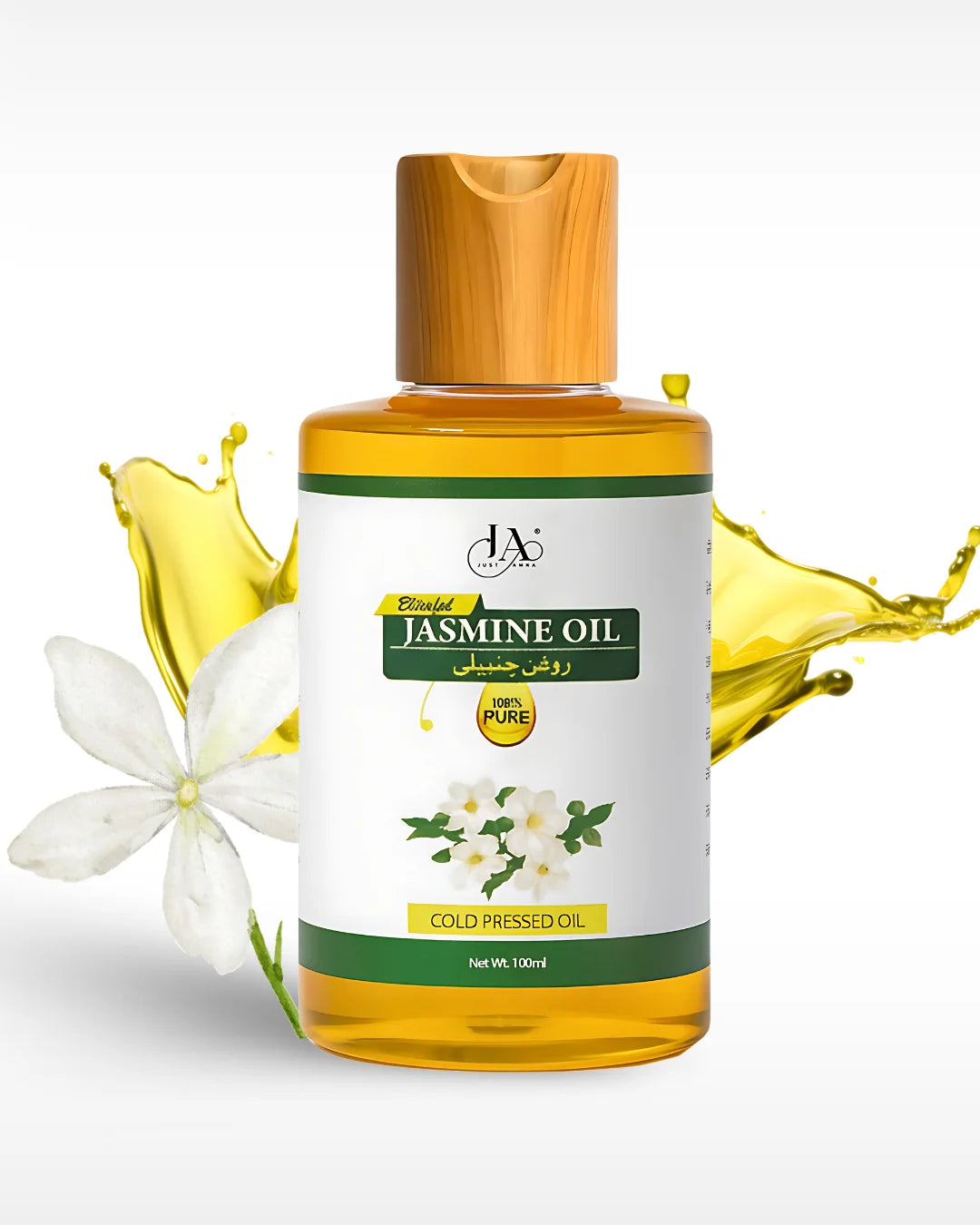 Just Amna jasmine oil featuring a fresh jasmine flower and golden oil splash.