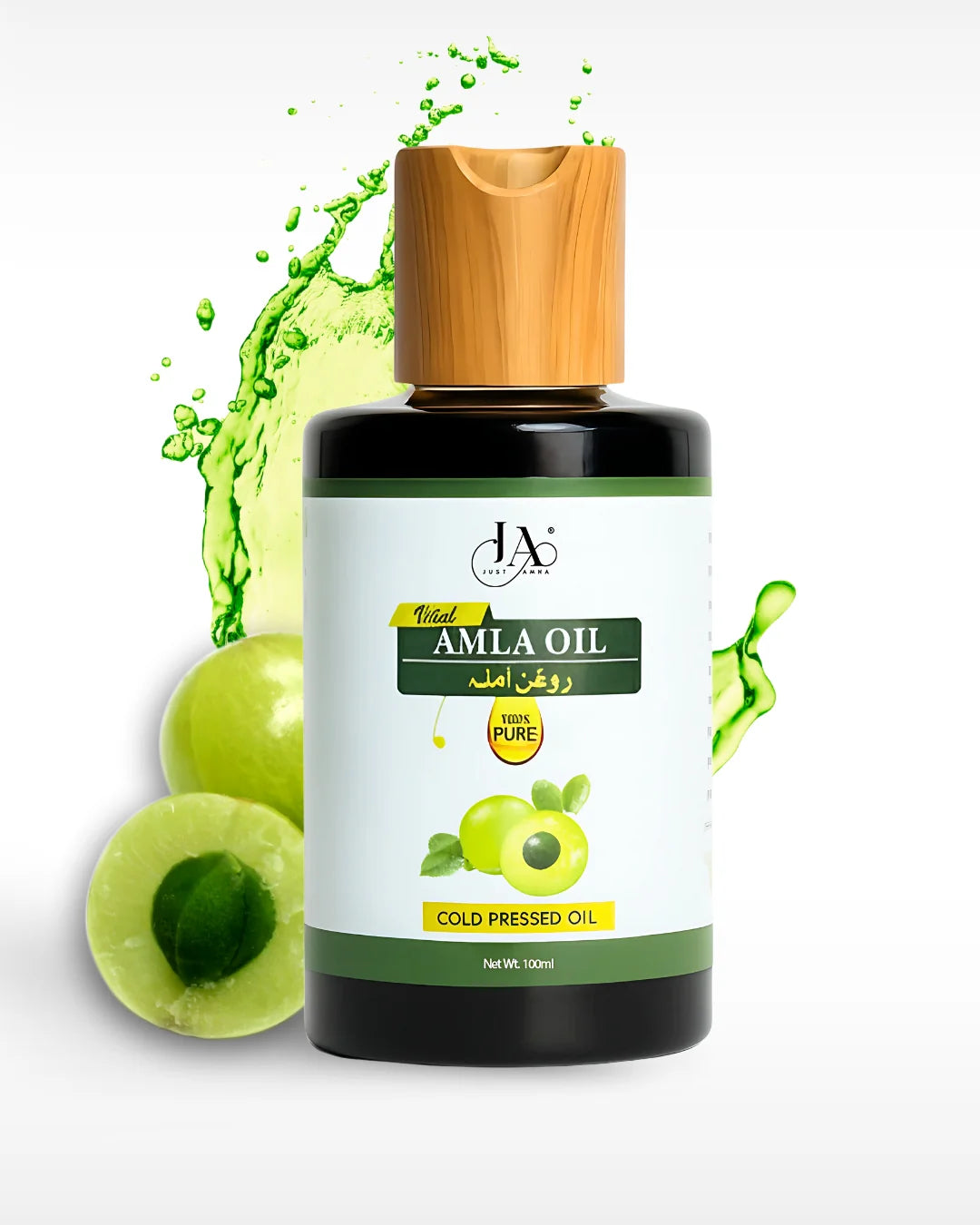 Just Amna amla oil bottle with amla fruits and cold pressed label, 100ml