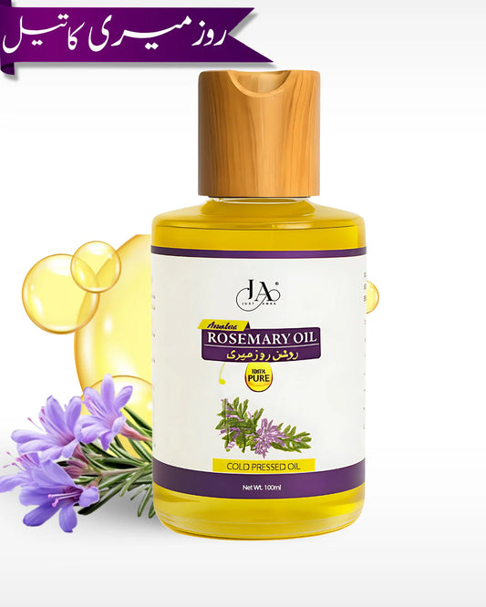 Just Amna branded rosemary oil bottle with floral background and droplets