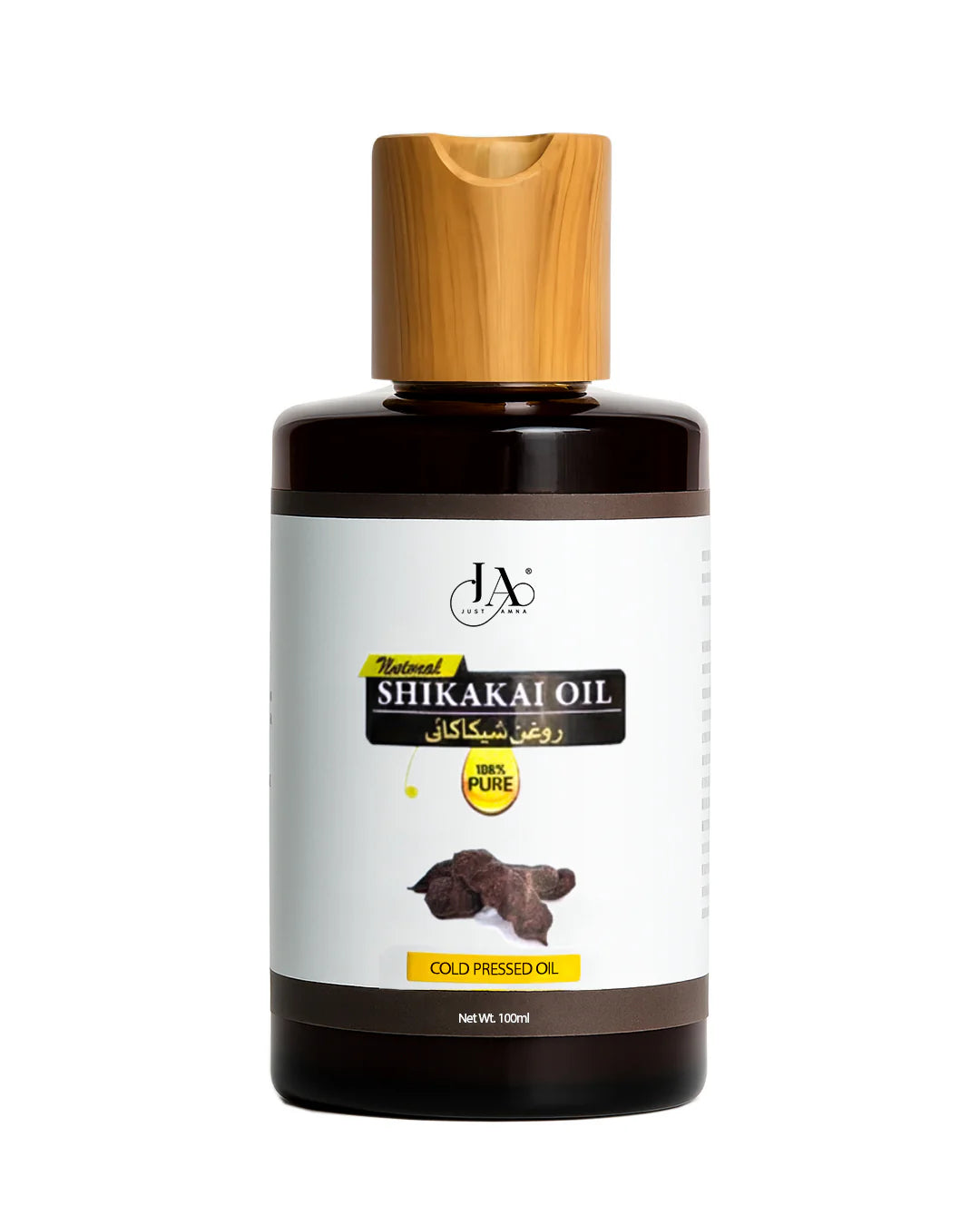 Just Amna natural shikakai oil bottle with shikakai pods and oil splash
