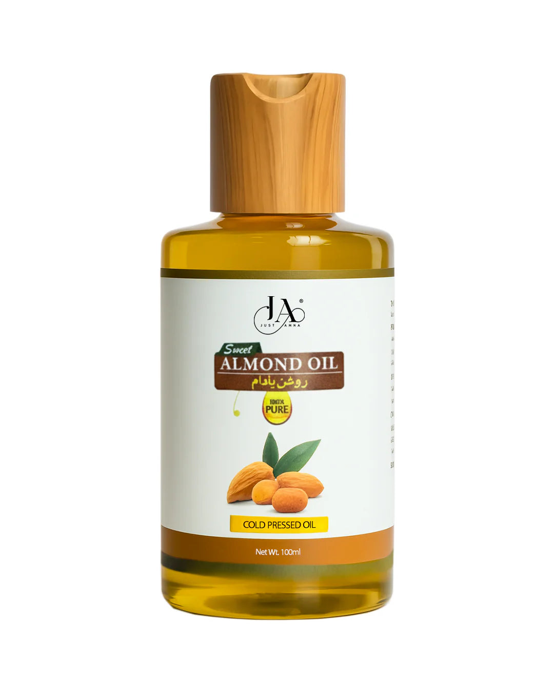 Just Amna sweet almond oil bottle with almonds and oil drops, 100ml
