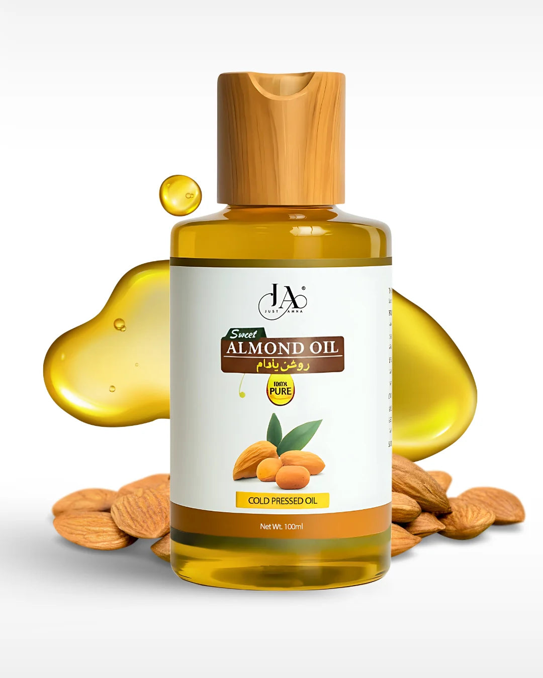 Just Amna sweet almond oil bottle with wooden cap and almond illustration