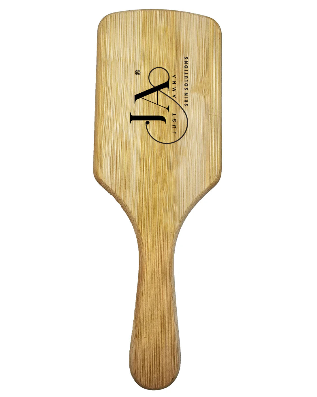 Just Amna bamboo paddle with logo and vertical brand text, smooth wood finish