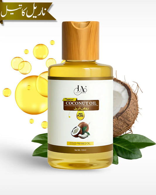 Just Amna Tropical Coconut Oil bottle with halved coconut and green leaves, 100% pure