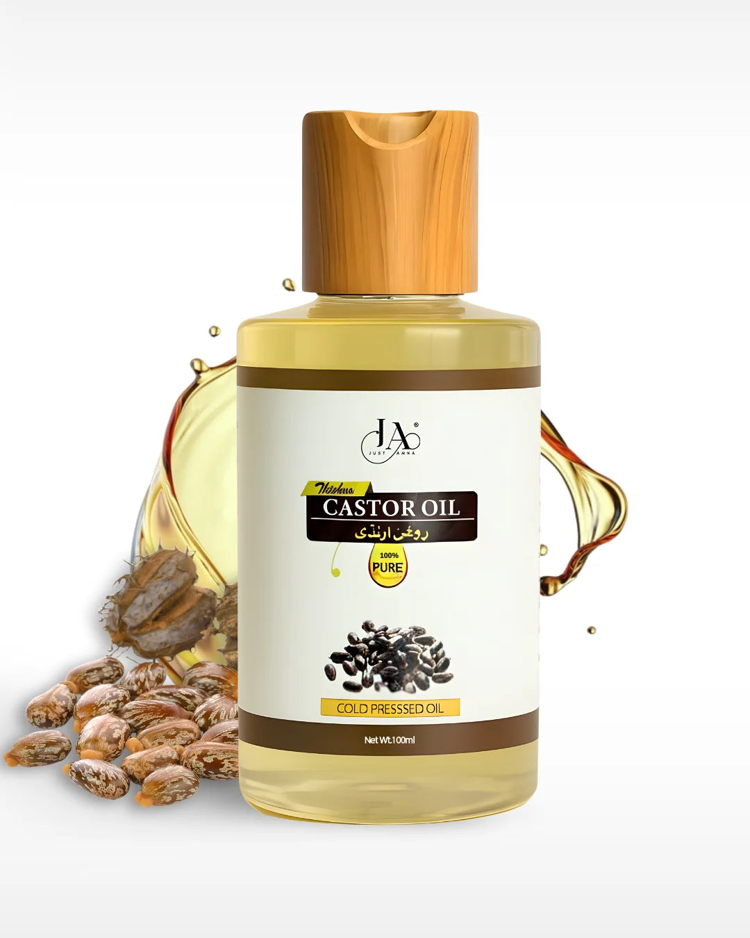 Just Amna castor oil bottle with castor seeds and oil splash, 100ml
Previous image reference: castor oil with seeds product shot