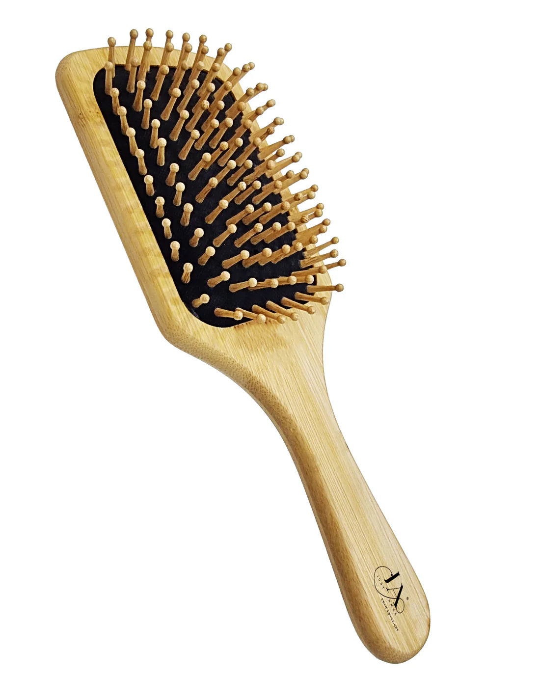 Just Amna rectangular wooden paddle brush with rounded wooden bristles on black cushion