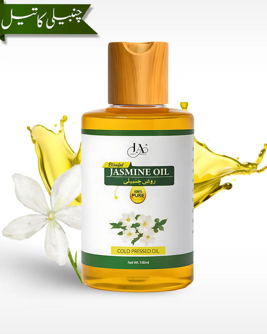 Just Amna jasmine hair oil (Chambeli ka tel) with descriptive Urdu banner and floral design.