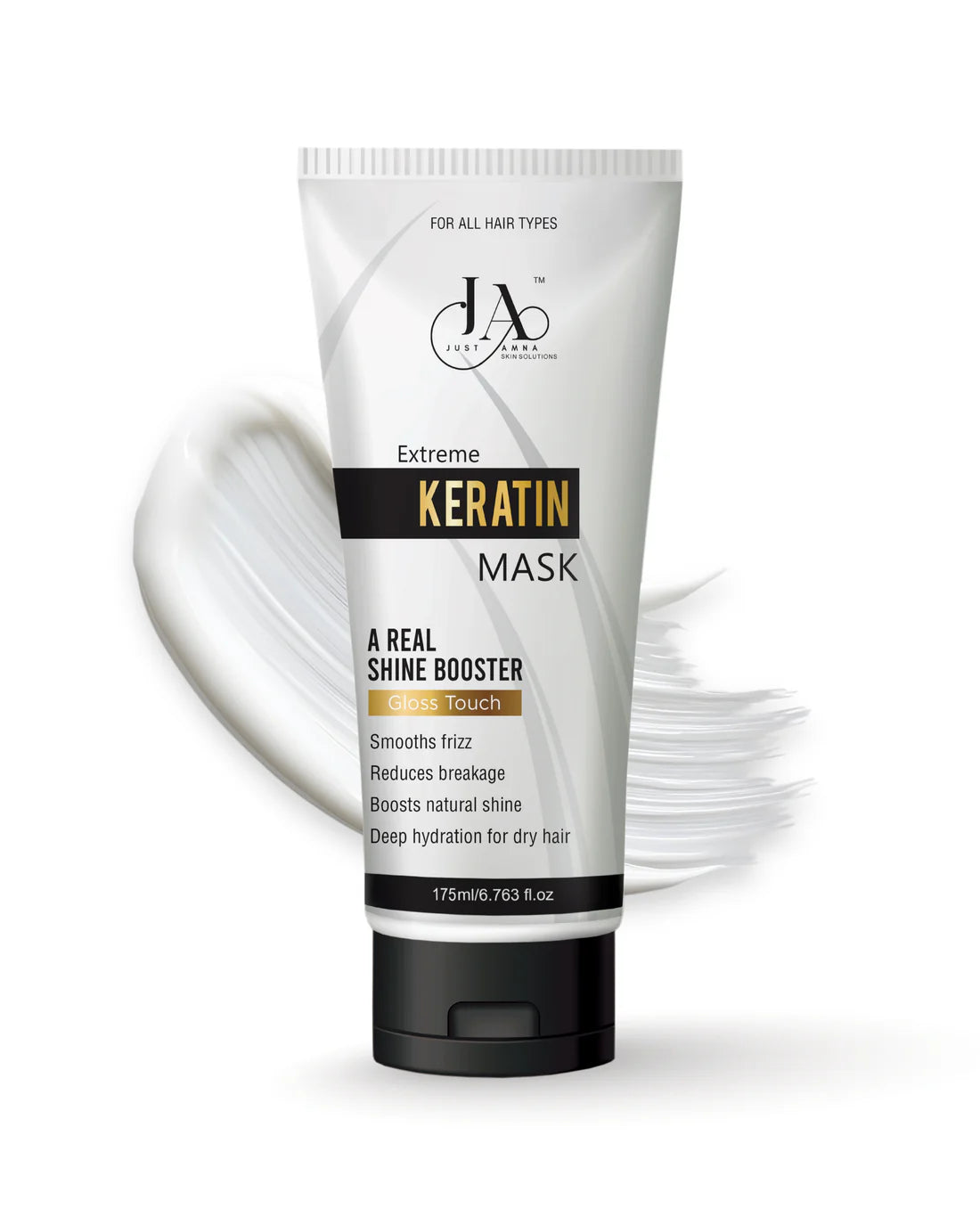 Just Amna Keratin Mask 175ml tube with product texture swatch.