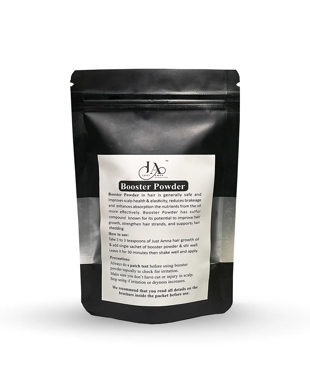 Two packs of Just Amna Booster Powder with application sachet and scoop.