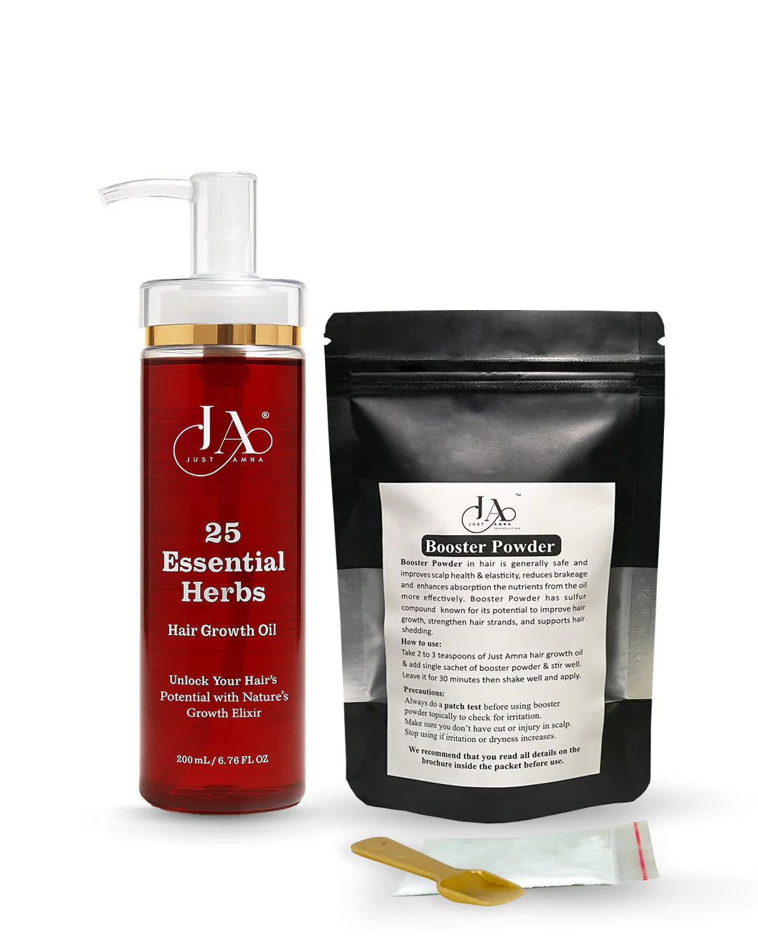 Just Amna hair growth kit with 25 Essential Herbs oil and sachet booster.