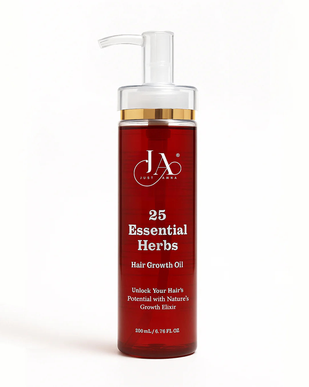 Just Amna 25 Essential Herbs Hair Growth Oil in a 200ml pump bottle.