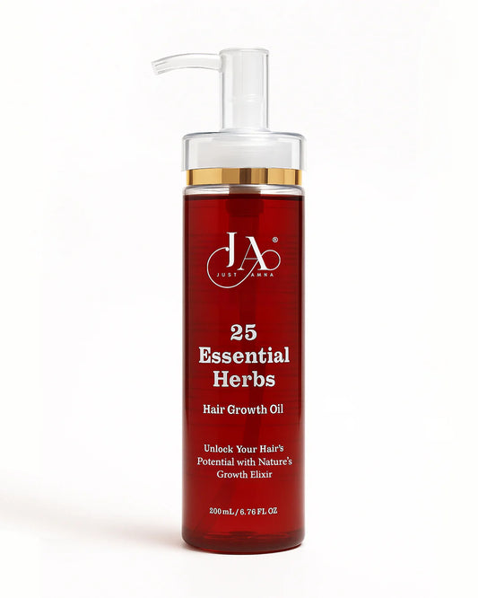 Just Amna 25 Essential Herbs Hair Growth Oil in a 200ml pump bottle.