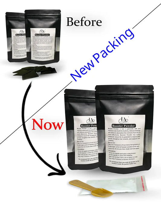 Just Amna Booster Powder new packing comparison with sachet and scoop.