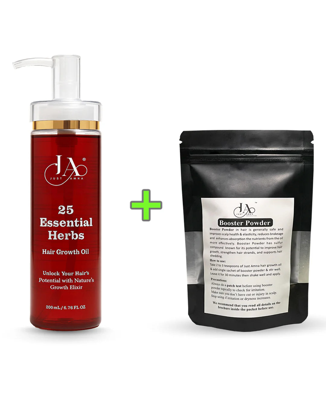 Just Amna Hair Growth Oil and Booster Powder bundle for hair strengthening.