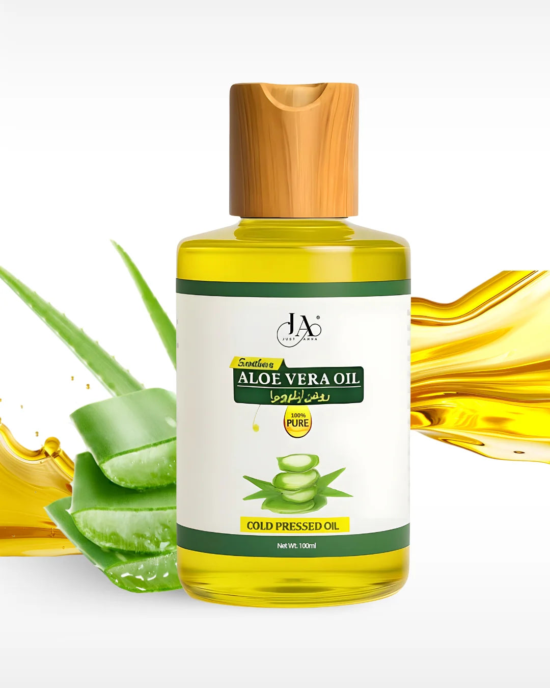 Just Amna 100% pure cold pressed aloe vera oil with fresh aloe vera leaves.
