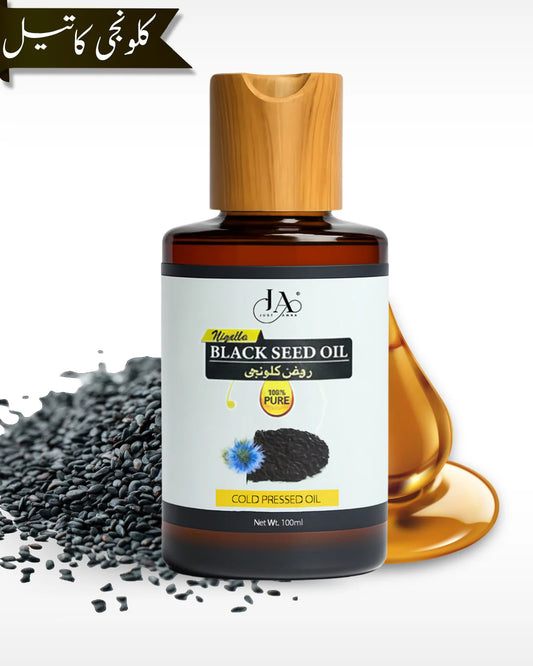 Just Amna pure black seed oil featuring Urdu text banner and natural black