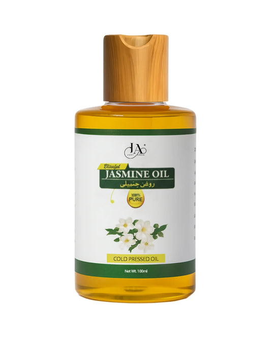 100% Pure cold pressed jasmine oil bottle by Just Amna for natural skin and hair care.