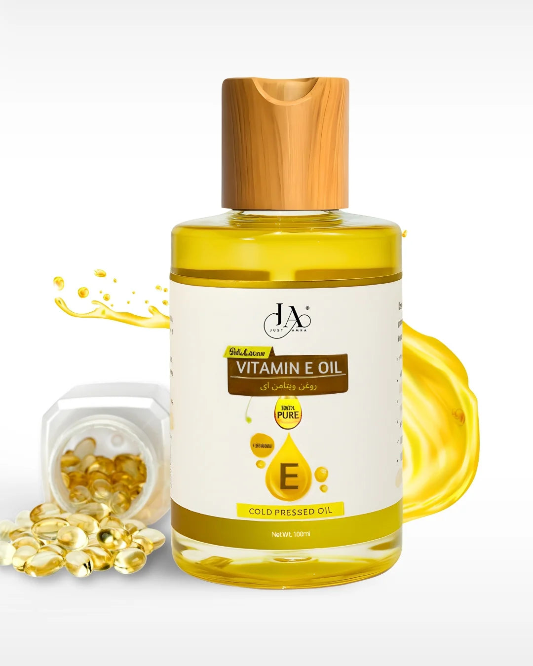 Just Amna 100% pure cold pressed Vitamin E oil bottle with softgel capsules.
