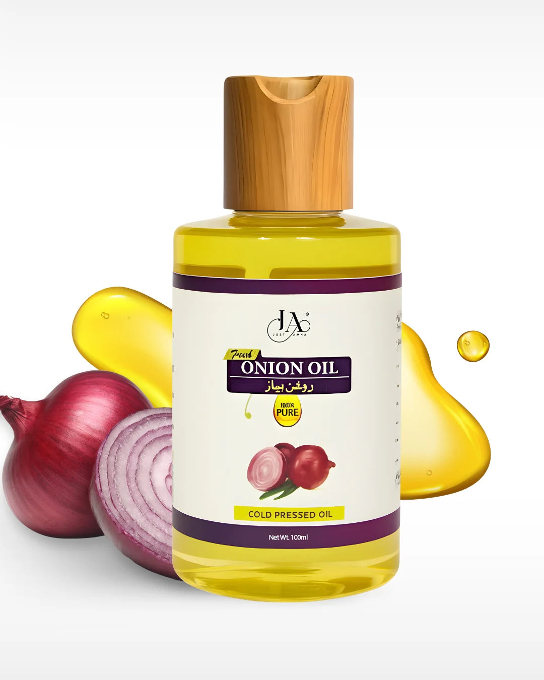 100% Pure Just Amna onion oil for hair loss treatment with oil splash.
