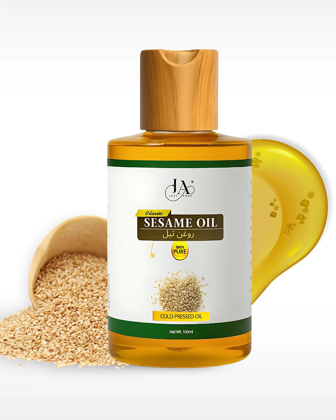 Just Amna 100% pure cold pressed sesame oil with raw sesame seeds and oil drop.
