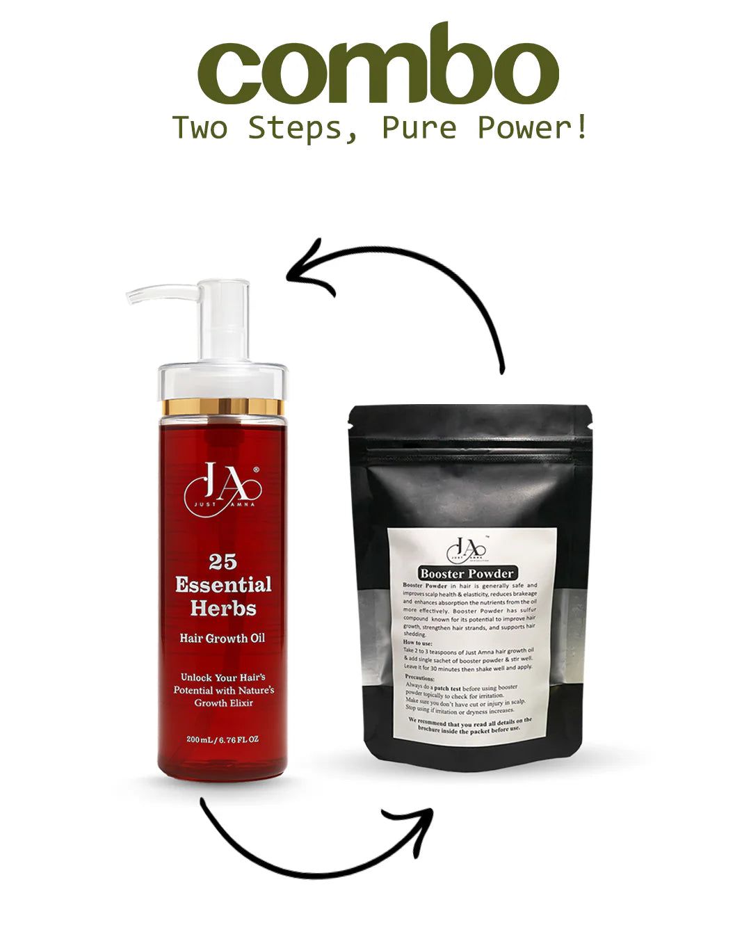 Two-step Just Amna hair care combo featuring herbal growth oil and booster.
