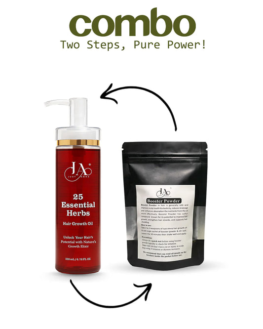 Two-step Just Amna hair care combo featuring herbal growth oil and booster.